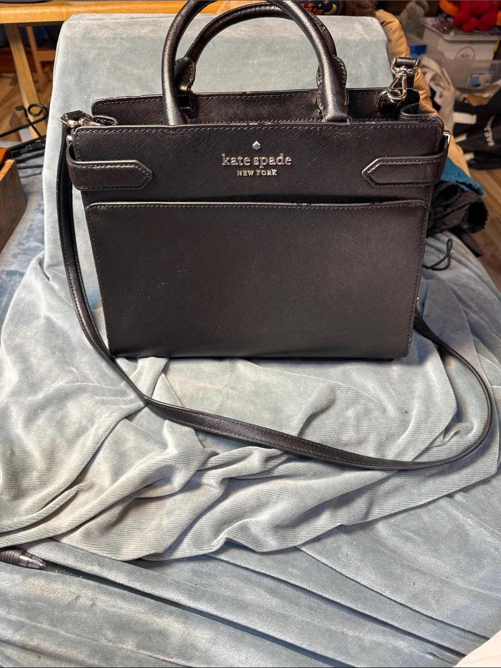 kate spade black vegan leather top-handle purse with crossbody strap